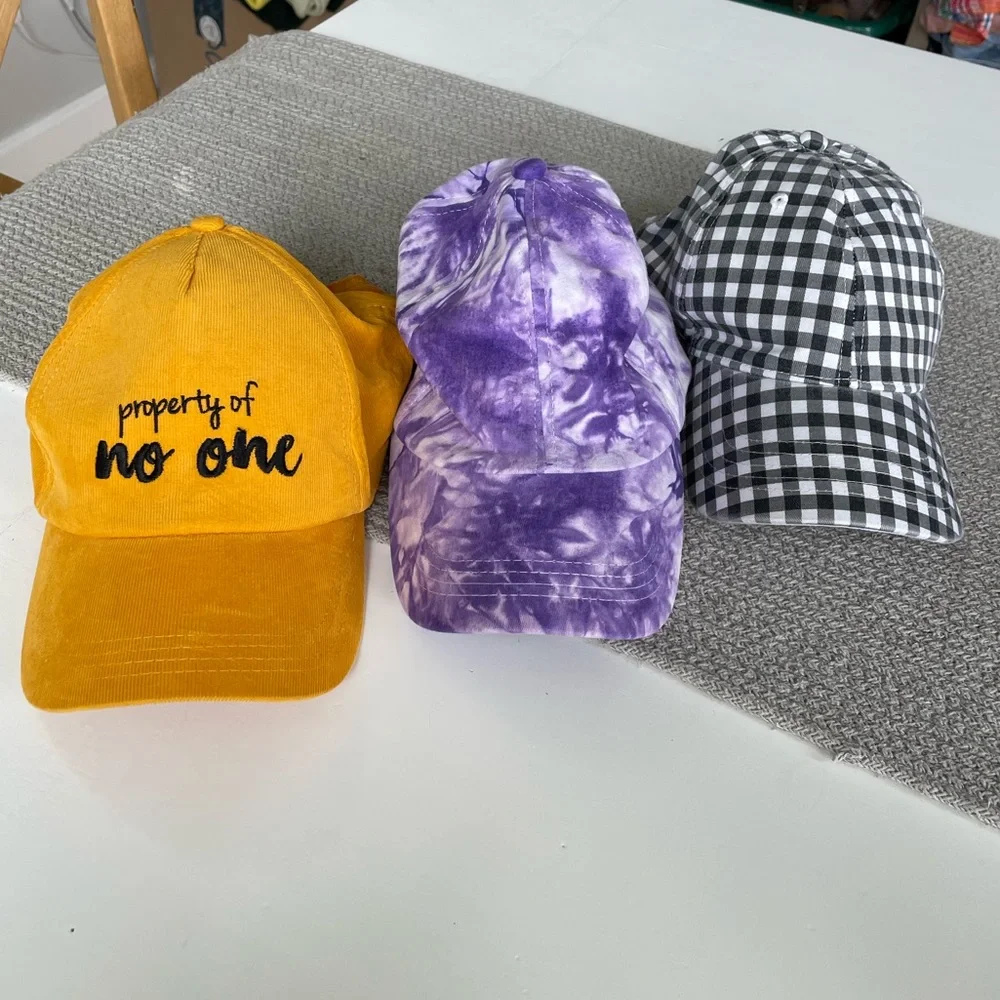 Set/3 Adjustable Baseball Hats Black White Gingham Purple Tie Dye Gold Corduroy - Picture 12 of 12